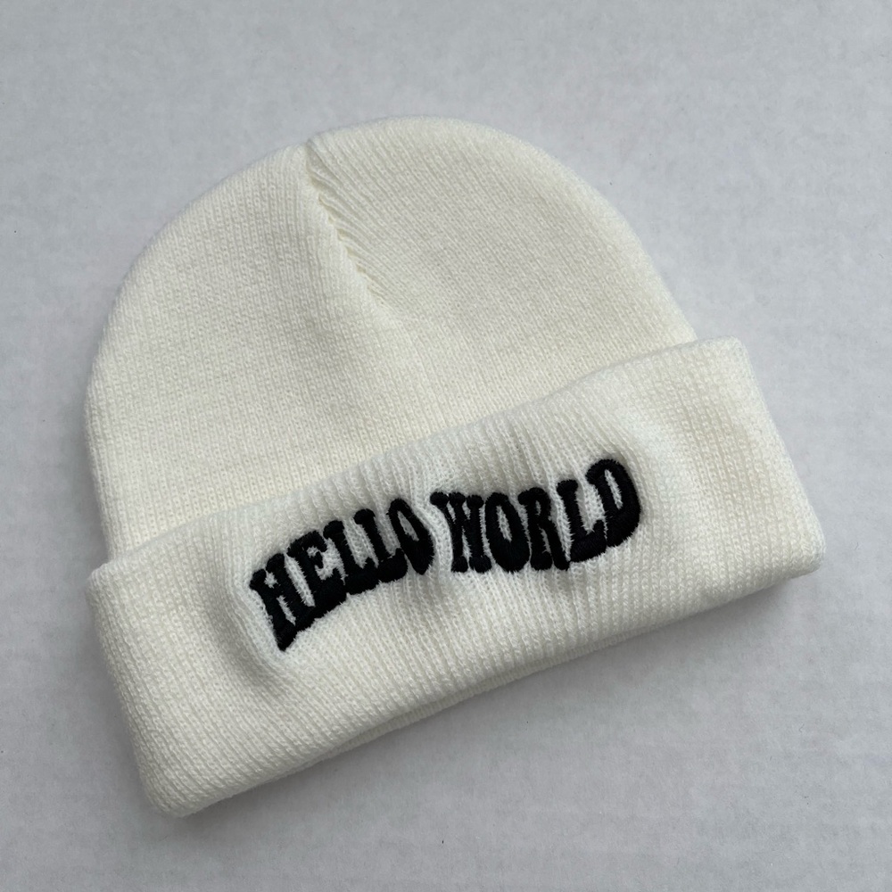 Kids White Beanie with 'Hello World' Embroidery